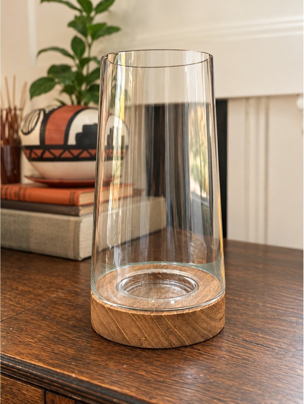 Clear Glass Hurricane Candle Holder/Vase with Wood Base
